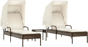 vidaXL Șezlonguri, 2 buc., cu baldachine și masă, maro, poliratan