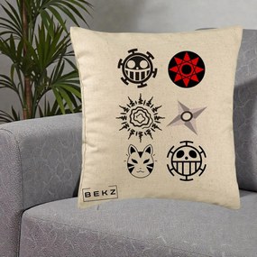 Perna Personalizata Simboluri Anime Mix - Naruto One Piece, 40x40 cm, Bej, Husa Detasabila, Perna Inclusa, BEKZ®