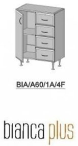 Dulap jos Bianca Plus 60 cu 1 ușă, 4 sertare, alb lucios, stânga