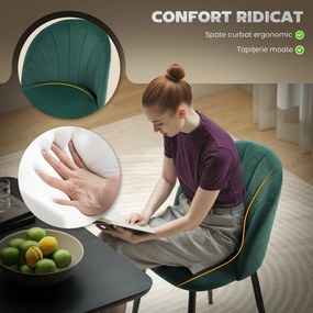 HOMCOM Set de 2 Scaune de Sufragerie din Catifea, Scaune Bucătărie cu Spătar Curbat în Formă de Scoică, Picioare din Metal, Stil Nordic, Scaun Tapițat pentru Bucătărie, Dormitor, Cameră de Zi, Verde Închis | Aosom Romania