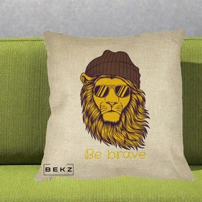 Perna Decorativa Leu Hipster Be Brave, 40x40 cm, Crem, Husa Detasabila, Perna Inclusa, BEKZ®