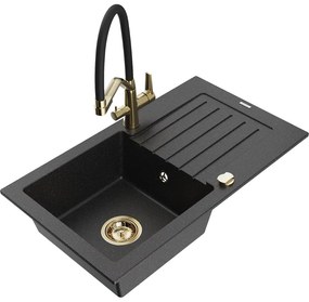 Chiuvetă granit Mexen Pablo 1-cameră cu picurător și baterie Duo, negru/argintiu metalic - 6510-73-671701-57-G