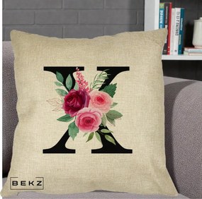 Cadou Personalizat - Perna Personalizata Monograma Florala Litera X cu Buchet, 40x40 cm, Crem, Husa Detasabila, Perna Inclusa, BEKZ®
