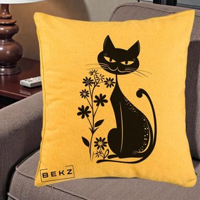 Perna Decorativa Pisica Neagra Grafica Minimalista, 40x40 cm, Galben, Husa Detasabila, Perna Inclusa, BEKZ®