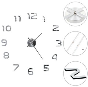 Ceas de perete 3D, argintiu, 100 cm, XXL, design modern