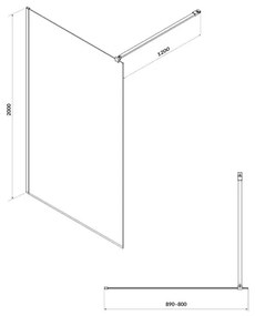 Paravan dus walk-in 90x200 cm Cersanit Mille, sticla securizata, profil negru 900x2000 mm, Negru mat