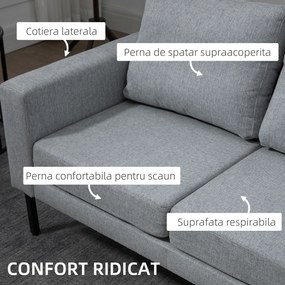 HOMCOM Canapea Modernă cu 2 Locuri pentru Camera de Zi, Design Compact, Picioare din Oțel, Perne Captusite, Gri | Aosom Romania