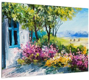 Tablou pe sticlă - Grădina din fața casei, pictură în ulei (70x50 cm)