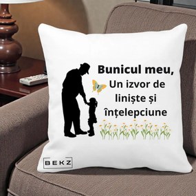 Cadou pentru Bunic - Perna Personalizata Bunicul Meu Izvor de Liniste cu Fluture si Fetita, 40x40 cm, Alba Mata, Husa Detasabila, Perna Inclusa, BEKZ®