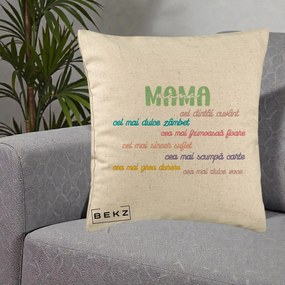 Cadou pentru Mama - Perna Personalizata Mama Cel Dintai Cuvant cu Text Colorat Multicolor, 40x40 cm, Bej, Husa Detasabila, Perna Inclusa, BEKZ®