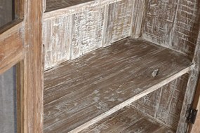 Vitrină din lemn reciclat cu uși din sticlă și rafturi, finisaj decapé, „Heritage"