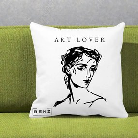 Perna Decorativa Art Lover Portret Grafic, 40x40 cm, Alba Mata, Husa Detasabila, Perna Inclusa, BEKZ®