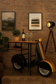 Bar decorativ din metal, negru, formă de scuter cu blat din lemn și suport pentru sticle și pahare, finisaj vopsit, 92 x 134 x 36 cm, „Menton”