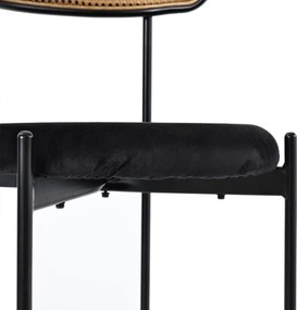 Set de 2 scaune de dining din țesătură cu efect de catifea, cu picioare din metal și spătar din ratan, 60x18x86 cm, Negru