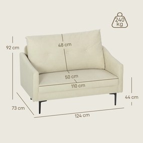 HOMCOM Canapea cu 2 Locuri din Catifea cu Spătar Matlasat și Pernă Detașabilă, Canapea Compactă Modernă cu Picioare din Metal pentru Sufragerie, 124x73x92 cm, Crem | Aosom Romania