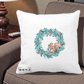 Perna Decorativa Coroana Turcoaz cu Veverita, 40x40 cm, Alba Mata, Husa Detasabila, Perna Inclusa, BEKZ®