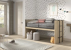 Set SAM în finisaj de stejar este format dintr-un Pat copii (90 x 200 cm), o bibliotecă, o comodă cu 2 uși și o comodă cu 3 sertare.