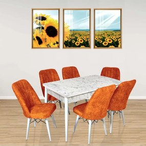 Set masa extensibila cu 6 scaune tapitate Homs cargold 250-30050 bejmarmurat-mustar,170 x 80 cm