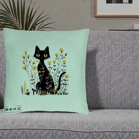 Perna Decorativa Pisica Neagra Ochi Galbeni Flori Galbene, 40x40 cm, Verde Menta, Husa Detasabila, Perna Inclusa, BEKZ®