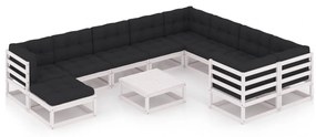 3077080 vidaXL Set mobilier grădină cu perne, 11 piese, alb, lemn masiv pin