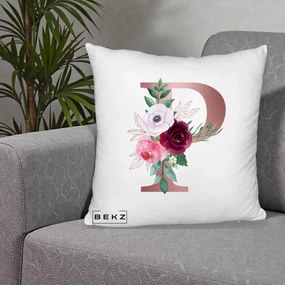 Cadou Personalizat - Perna Personalizata Monograma Rose Gold Litera P, 40x40 cm, Alb Pufos, Husa Detasabila, Perna Inclusa, BEKZ®