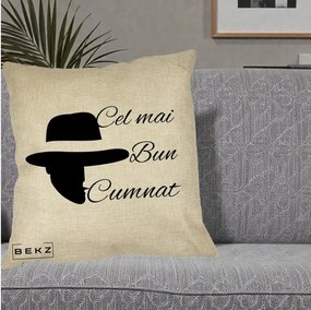 Cadou pentru Cumnat - Perna Personalizata Cel mai Bun Cumnat cu Silueta Palarie, 40x40 cm, Crem, Husa Detasabila, Perna Inclusa, BEKZ®