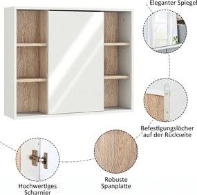 HOMCOM Dulap cu Oglinda din MDF si PAL, Dulap de Baie cu 3 Rafturi Laterale si Raft Interior Reglabil, 60x14.5x49.4 cm, Alb si Lemn Natur | Aosom RO