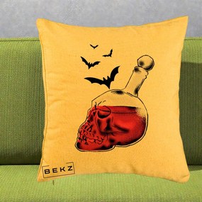 Perna Decorativa Halloween Craniu-Sticla cu Lilieci, 40x40 cm, Galben, Husa Detasabila, Perna Inclusa, BEKZ®