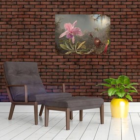 Tablou pe sticlă - Martin Johnson Heade, Cattleya Orchid and Three Hummingbirds, reproducere (70x50 cm)