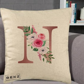 Cadou Personalizat - Perna Personalizata Monograma Rose Gold Litera N, 40x40 cm, Bej, Husa Detasabila, Perna Inclusa, BEKZ®