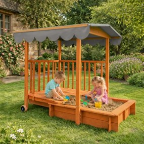 Zonă cu nisip și verandă HAPPY, 130 x 130 x 143 cm, din masiv de pin, maro gri Jurhan