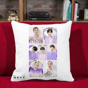 Perna Personalizata K-pop BTS Colaj 7 Portrete cu Inimi Lila, 40x40 cm, Alba Mata, Husa Detasabila, Perna Inclusa, BEKZ®