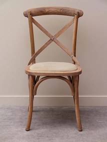 Scaun dining din lemn de stejar și bumbac, bej, cu spătar încrucișat în X, șezut tapițat și arce curbate, 90 x 44 x 42 cm, „Marius”
