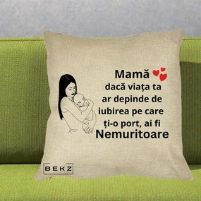 Cadou pentru Mama - Perna Personalizata Mama Nemuritoare Linie, 40x40 cm, Crem, Husa Detasabila, Perna Inclusa, BEKZ®