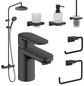 Set coloana dus si baterie lavoar Hansgrohe Vernis Blend si accesorii baie Hansgrohe AddStoris, negru mat