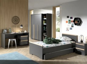 Set LONDON în antracit format dintr-un Pat copii (90x200) cu sertar, noptieră, Dulap camera copii cu 3 uși, birou și cărucior de birou și bibliotecă.