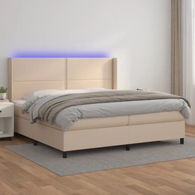 3139348 vidaXL Pat cu arcuri, cu saltea și LED cappuccino 200x200 cm piele eco