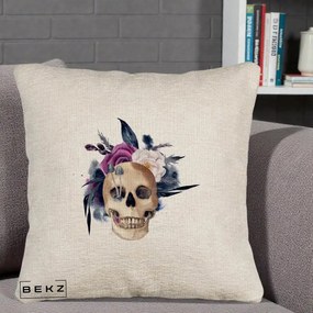 Perna Decorativa Craniu Floral cu Trandafiri si Ciuperci, 40x40 cm, Bej Canapea, Husa Detasabila, Perna Inclusa, BEKZ®