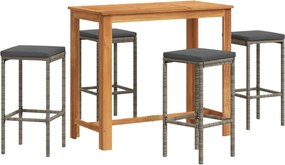 vidaXL Set bar de grădină, 5 piese, gri, lemn masiv acacia/ poliratan