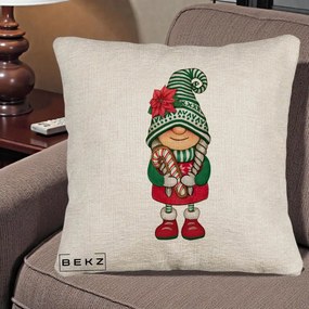 Perna Decorativa Gnom Craciun Verde cu Bomboane si Floare, 40x40 cm, Bej Canapea, Husa Detasabila, Perna Inclusa, BEKZ®