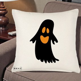 Perna Decorativa Halloween Fantoma Neagra cu Ochi Portocalii, 40x40 cm, Crem Reliefat, Husa Detasabila, Perna Inclusa, BEKZ®