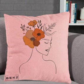 Perna Decorativa Portret Feminin Flori Galbene-Portocalii, 40x40 cm, Roz, Husa Detasabila, Perna Inclusa, BEKZ®