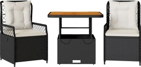 vidaXL Set mobilier de grădină cu perne, 3 piese, negru, poliratan