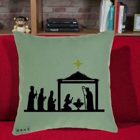 Perna Decorativa Nasterea Pruncului Silueta Neagra si Stea Aurie, 40x40 cm, Verde, Husa Detasabila, Perna Inclusa, BEKZ®