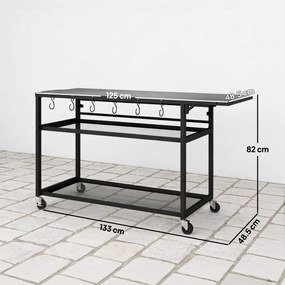 Outsunny Măsuță de grădină cărucior de grătar pe roți cu Blat Lateral Pliabil, Trei Rafturi, 133 x 48,5 x 82 cm, Negru | Aosom Romania