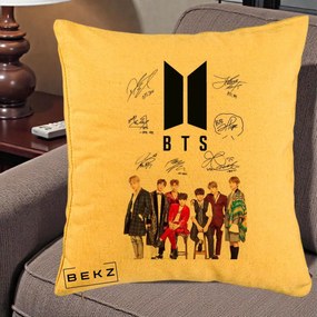 Perna Personalizata K-pop BTS Semnaturi Foto, 40x40 cm, Galben, Husa Detasabila, Perna Inclusa, BEKZ®