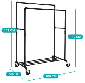 Suport pentru haine dublu pe roți, negru