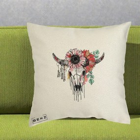 Perna Decorativa Craniu Boho Floral, 40x40 cm, Ecru, Husa Detasabila, Perna Inclusa, BEKZ®
