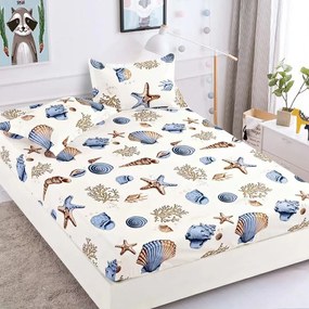 Husa de pat cu elastic si 2 fete de perna, tesatura tip finet, pat 2 persoane, alb / albastru, HBF-114