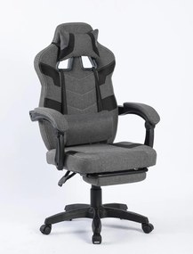 Scaun gaming, suport lombar cu masaj, rabatabil, suport picioare, material textil, Gri